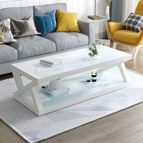 Moderner Couchtisch mit Glasplatte, rechteckig, für Büro, Tee, gehärteter weißer Boden, 139,7 x 61 x 45,7 cm (L x B x H) von ZDFTGKM