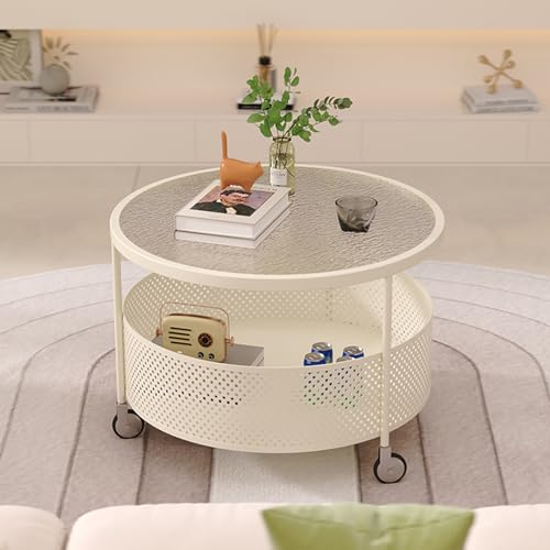 Moderner runder Couchtisch, Tisch-Glasplatte, Akzent-Wohnzimmermitte, Weiß für Schlafzimmer, Balkon, Hof (weiß + weiß, 50 cm) von ZDFTGKM