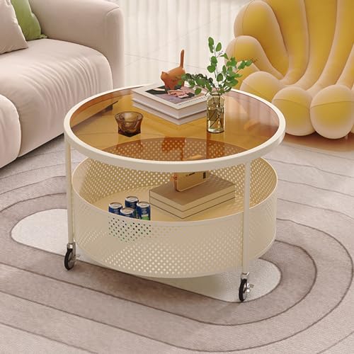 Moderner runder Couchtisch, Tisch-Glasplatte, Akzent-Wohnzimmermitte, weiß, für Schlafzimmer, Balkon, Hof (Braun + Weiß, 50 cm) von ZDFTGKM