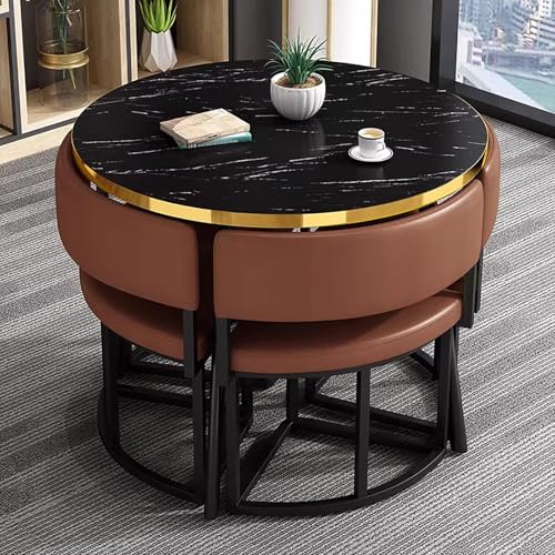 ZDFTGKM 89,9 cm runder schwarzer Esstisch und 4 Stühle, kleine Küche, moderne, einfache Tische, Stühle, für Küche, Büro, Konferenzraum, Lounge, Wohnzimmer (braun) von ZDFTGKM