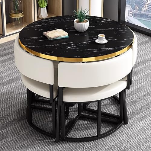 ZDFTGKM 89,9 cm runder schwarzer Esstisch und 4 Stühle, kleine Küche, moderne, einfache Tische, Stühle, für Küche, Büro, Konferenzraum, Lounge, Wohnzimmer (weiß) von ZDFTGKM