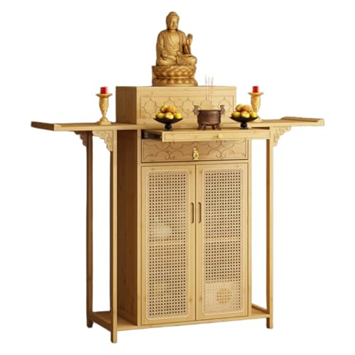 ZDFTGKM Bambus Schrein Altarbild Tisch mit Aufbewahrung, Chinesischer Buddha Nischenschrank Kunststoff Rattan Tür, Vintage buddhistischen Meditationstisch (Holz, 160 cm) von ZDFTGKM