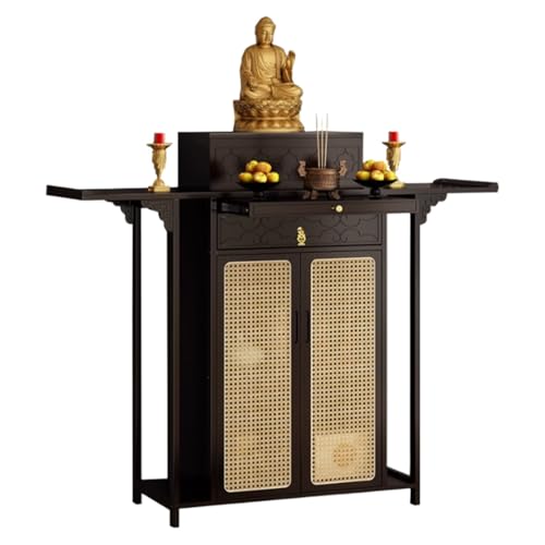 ZDFTGKM Bambus-Schrein Altarbild mit Aufbewahrung, Chinesischer Buddha Nischenschrank Kunststoff Rattan Tür, Vintage buddhistischen Meditationstisch (Schwarznuss, 140 cm) von ZDFTGKM