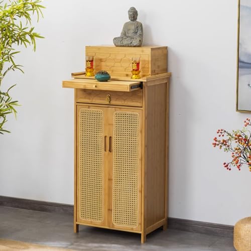 ZDFTGKM Bambus-Schrein-Altartisch, einfacher buddhistischer Schrank, Meditationstisch mit Aufbewahrung, chinesische Buddha-Nische, Kunststoff-Rattan-Tür, Holzfarbe, 42 x 38 x 120 cm ZDFTGKM Bambus-Schrein-Altartisch, einfacher buddhistischer Schrank, Meditationstisch mit Aufbewahrung, chinesische Buddha-Nische, Kunststoff-Rattan-Tür, Holzfarbe, 42 x 38 x 120 cm von ZDFTGKM