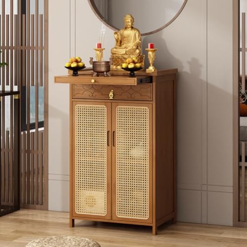 ZDFTGKM Bambus-Schrein-Altartisch, einfacher buddhistischer Schrank, Meditationstisch mit Aufbewahrung, chinesische Buddha-Nische, Kunststoff-Rattantür (braun, 62 x 38 x 101 cm) von ZDFTGKM