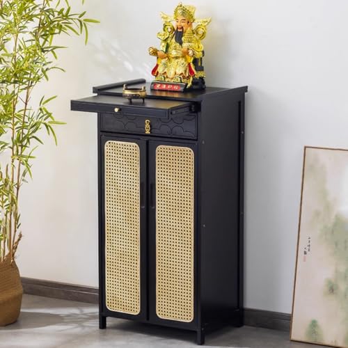 ZDFTGKM Bambus-Schrein-Altartisch, einfacher buddhistischer Schrank, Meditationstisch mit Aufbewahrung, chinesische Buddha-Nische, Kunststoff-Rattantür (schwarze Walnuss, 52 x 38 x 101 cm) von ZDFTGKM