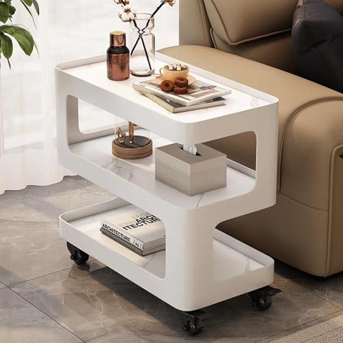 ZDFTGKM Beistelltisch mit 3 Etagen, mobiler Couch-Beistelltisch mit Rollen, um 360° drehbares Sofa, Metallrahmen, tragbarer, schmaler Nachttisch, für Wohnzimmer, Schlafzimmer (Weiß, 69,8 x 30 x 64,8 von ZDFTGKM