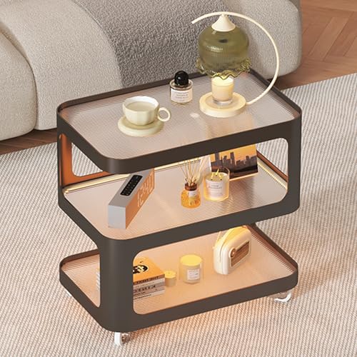 ZDFTGKM Beistelltisch mit LED-Licht, mobile Couch-Endräder, Tischplatte aus gehärtetem Glas, industrieller Nachttisch, Metallrahmen, für kleine Räume (schwarz, 50 cm) von ZDFTGKM