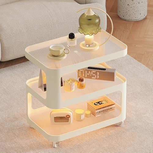 ZDFTGKM Beistelltisch mit LED-Licht, mobile Couch-Endräder, Tischplatte aus gehärtetem Glas, industrieller Nachttisch, Metallrahmen, für kleine Räume (weiß, 50 cm) von ZDFTGKM
