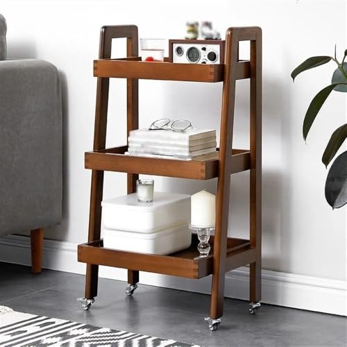 ZDFTGKM Bücherregal mit 3 Ebenen, Massivholz, Leiterregal mit Rollen, Beistelltisch für Wohnzimmer, Bastelwagen, passend für Küche, schmaler Raum, Bücherregalgriff (braun) von ZDFTGKM