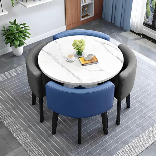 ZDFTGKM Büro Rezeption Zimmer Clubtisch, Runde Konferenz kleine Tische und Stühle, einfache Küche Esstisch Set Freizeit Kombination (2 blau+2 grau+Imitation Marmor) von ZDFTGKM