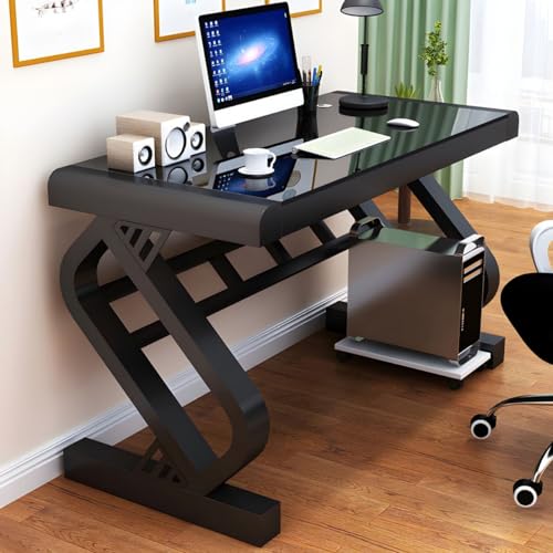 ZDFTGKM Computerschreibtisch aus gehärtetem Glas mit Kabelmanagement, 74,9 cm hoch, schwarzer Sockel und Oberseite, 47,2 Zoll L x 23,6 Zoll B 29,5 Zoll H von ZDFTGKM
