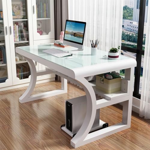 ZDFTGKM Computertisch mit Ablagen, Gaming-Tisch, Tischplatte aus gehärtetem Glas und Metallrahmen, modernes einfaches Schreiben für Heimbüro, Arbeitsplatz (100 cm, D) von ZDFTGKM