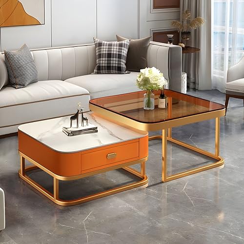 ZDFTGKM Couchtisch aus Schiefer, quadratisch, 2 Satztische, Set, Wohnzimmer, Glas, goldfarbener Sockel, Weiß / Orange, 71,1 cm L x 71,1 cm B 45,7 cm H + 61 cm L 61 cm B 38,1 cm H von ZDFTGKM
