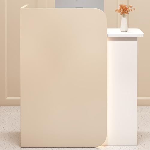 ZDFTGKM Empfangstisch, Thekentisch mit Bogenblech-Design und Kabeldurchführung, abschließbare Schubladen vorne, Schreibtisch für Firmenhallen (Beige + Weiß, 80 cm) von ZDFTGKM