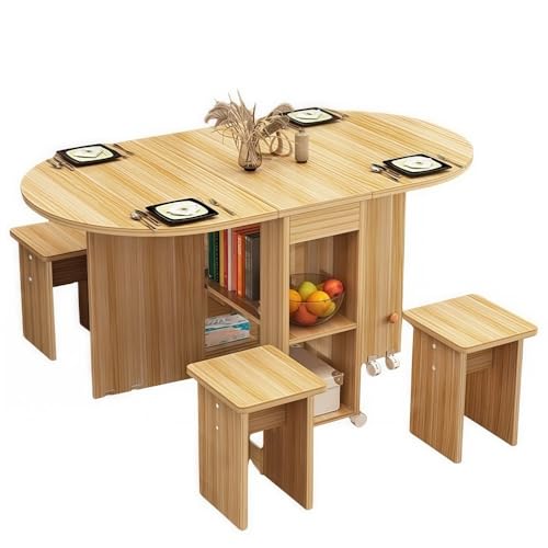 ZDFTGKM Klappbarer Esstisch mit Hocker, bewegliche, einziehbare Tische, kleine Wohnung, multifunktional und Stuhlkombinationstische (Natur, L47.2) von ZDFTGKM