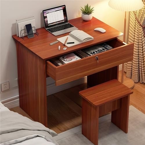ZDFTGKM Kleiner Computertisch mit Schublade und Schloss, Arbeitsstuhl-Set für Schlafzimmer, kompaktes Schreiben, Heimbüro, Laptoptisch aus Holz für Studenten (rotbraun) von ZDFTGKM