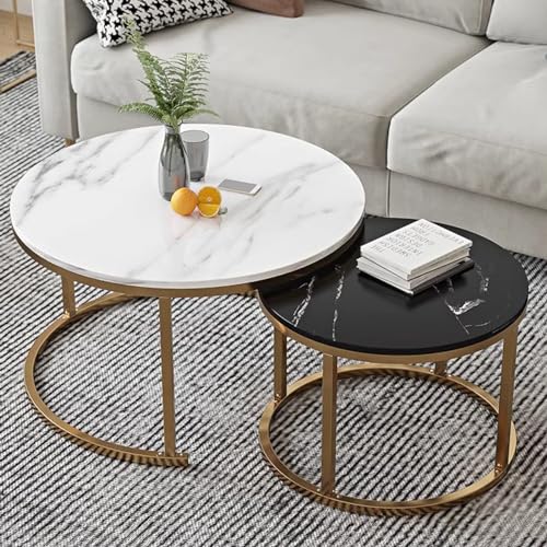 ZDFTGKM Kleiner Couchtisch 2er Set, rund mit Stahlrahmen, einfacher und moderner Mitteltisch, Seite für Platz, Schlafzimmer (weiß+schwarz, 50+70cm) von ZDFTGKM