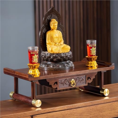 ZDFTGKM Massivholz Altartisch, Meditationstisch mit Stauraum, geschnitzter buddhistischer Altar, Kupfer-Gebetsbank, erhöhter Boden, Pooja-Schrank (L15,8) von ZDFTGKM