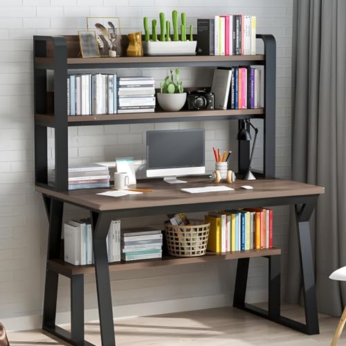 ZDFTGKM Moderner Bürotisch aus Holz mit Außenregal und Metallsockel – ohne Stühle, Computer-Desktop, Studenten-Schreibtisch, Studiertisch, Braun, 3 Ablagen, 139,7 cm L x 61 cm B 73,7 cm H von ZDFTGKM