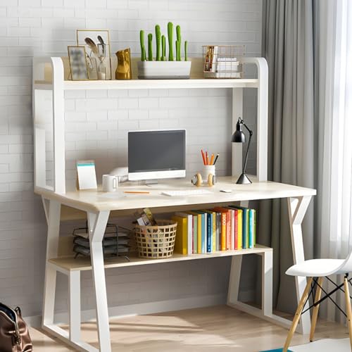 ZDFTGKM Moderner Bürotisch aus Holz mit Außenregal und Metallsockel – ohne Stühle, Computer-Desktop, Studenten-Schreibtisch, Studiertisch, Weiß, 2 Ablagen, 78,7 cm L x 50,8 cm B 73,7 cm H von ZDFTGKM