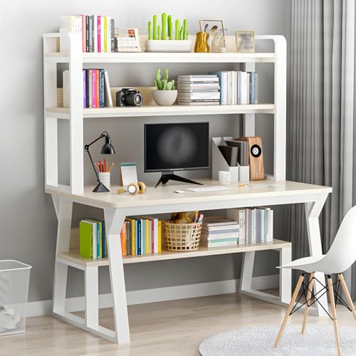 ZDFTGKM Moderner Bürotisch aus Holz mit Außenregal und Metallsockel – ohne Stühle, Computer-Desktop, Studenten-Schreibtisch, Studiertisch, Weiß, 3 Ablagen, 99,1 x 50,8 x 73,7 cm (L x B x H) von ZDFTGKM