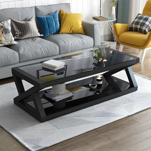 ZDFTGKM Moderner Couchtisch mit Glasplatte, rechteckig, für Büro, Tee, gehärteter schwarzer Boden, 139,7 x 61 x 45,7 cm (L x B x H) von ZDFTGKM