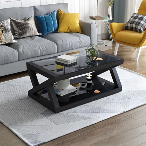 ZDFTGKM Moderner Couchtisch mit Glasplatte und Ablage, rechteckig, für Büro, Tee, gehärtete schwarze Basis, 80 x 50,8 x 45,7 cm (L x B x H) von ZDFTGKM
