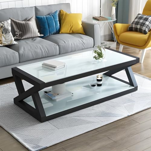 ZDFTGKM Moderner Couchtisch mit Glasplatte und Ablage, rechteckig, für Büro, Tee, gehärteter weißer schwarzer Sockel, 139,7 x 61 x 45,7 cm (L x B x H) von ZDFTGKM