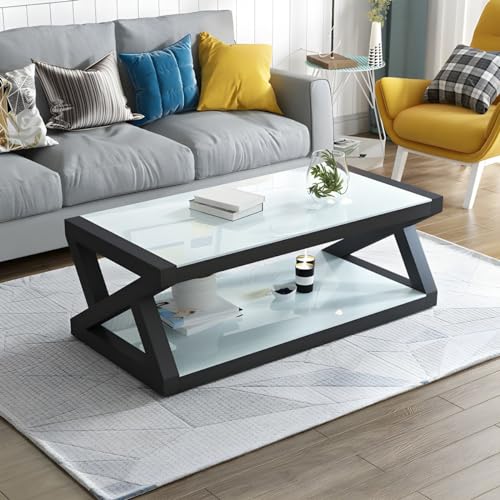 ZDFTGKM Moderner Couchtisch mit Glasplatte und Ablage, rechteckig, für Büro, Tee, gehärteter weißer schwarzer Sockel, 80 x 50,8 x 45,7 cm (L x B x H) von ZDFTGKM