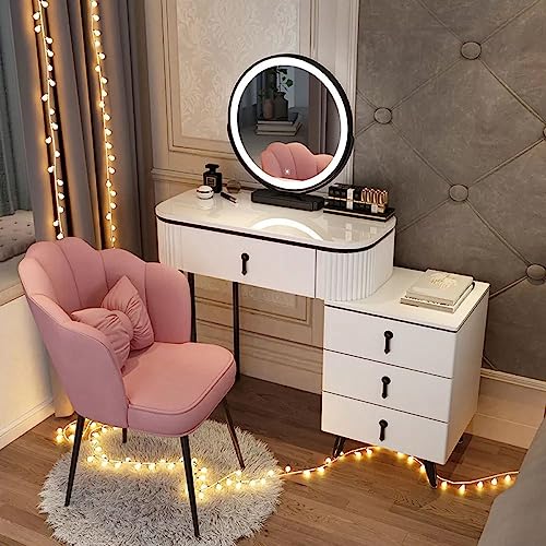 ZDFTGKM Moderner Schminktisch mit Schubladen, Schminktisch, Schlafzimmer, Holzschrank, Schwarz – & Spiegel, rosa Hocker, 78,7 x 40,6 x 78,7 cm (L x B x H) von ZDFTGKM