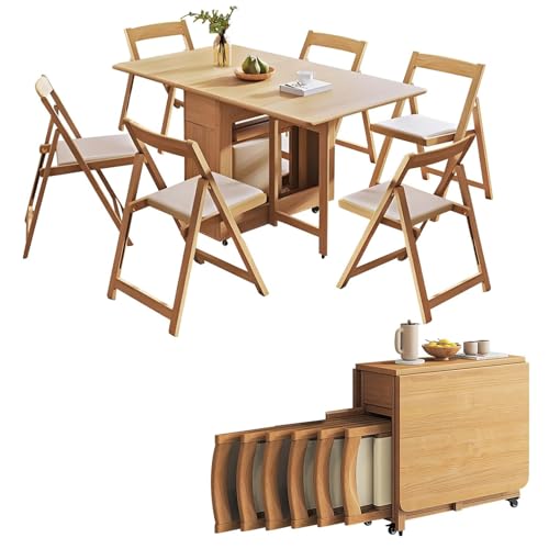 ZDFTGKM Platzsparendes zusammenklappbares Esstisch-Set mit 6 Stühlen und Aufbewahrungsschublade, 140 cm ausziehbares Klappblatt in Obstholz-Finish für Küche, Balkon, Restaurant von ZDFTGKM