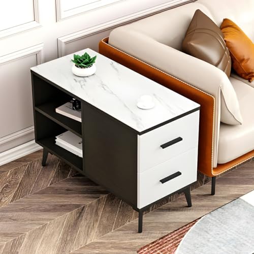 ZDFTGKM Rechteck Stein Endtisch mit schwarzem Eisenfuß, Schubladen und Ablagefach inkl. Sofa-Beistelltisch, Schiefer nordisch lange Nachtecke klein Kaffee schwarz-weiß 90cm L von ZDFTGKM