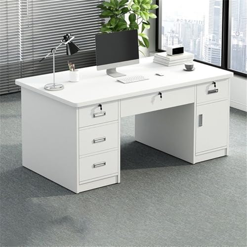 ZDFTGKM Rechteckiger Schreibtisch aus Holz, Sockel, Schublade und eingebautem Büroschrank, Computertisch, Desktop, Studentenvermietung, Schlafzimmer, einfaches Arbeitszimmer, weiß, mit 5 Schubladen von ZDFTGKM