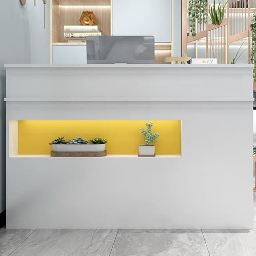 ZDFTGKM Rezeption, Schreibtisch mit abschließbaren Schubladen, Theke Tastaturschublade, Tisch LED-Licht offenes Regal, Vorderseite für Firmenhallen (Gelb, 80 cm) von ZDFTGKM