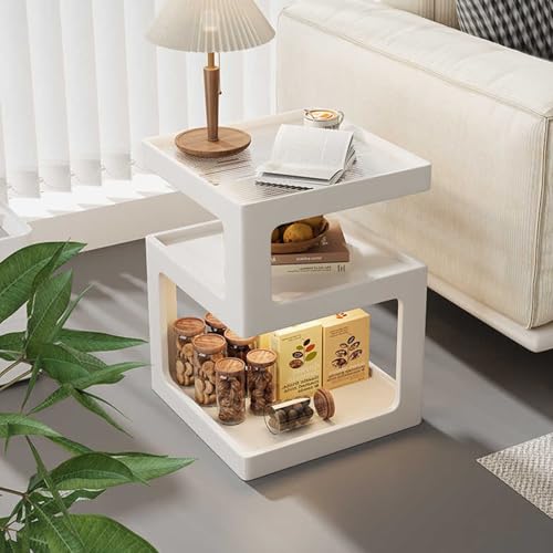ZDFTGKM Schmaler Beistelltisch, 3 Ebenen Sofa-End-Sofa-Tisch mit LED-Licht und gehärtetem Glas Top, Bauernhaus Nachttisch, für Wohnzimmer, Schlafzimmer (milchweiß, 45 x 45 cm x 53,8 cm) von ZDFTGKM