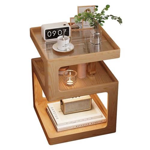 ZDFTGKM Schmaler Beistelltisch, 3-stöckig, Couchtisch, Snack-Sofatisch mit LED-Licht und Tischplatte aus gehärtetem Glas, Nachttisch, für Wohnzimmer, Schlafzimmer (Holzfarbe, 45 x 45 x 53,8 cm) von ZDFTGKM