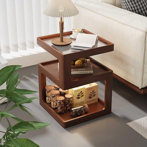 ZDFTGKM Schmaler Beistelltisch, 3-stöckig, Couchtisch, Snack-Sofatisch mit LED-Licht und Tischplatte aus gehärtetem Glas, Nachttisch, für Wohnzimmer, Schlafzimmer (Walnussfarben, 40 x 40 x 53 cm) von ZDFTGKM