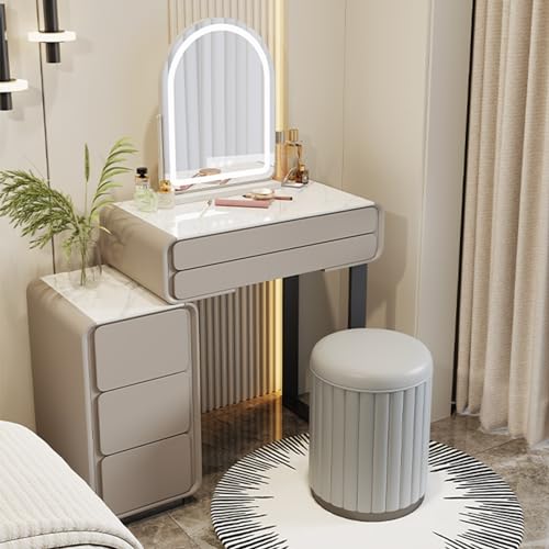 ZDFTGKM Schminktisch mit Spiegel und Schubladen, gepolsterter Schminkhocker, Schminktisch-Set, LED-Lichtspiegel, für modernes Schlafzimmer, kleiner Raum (grauer Tisch) (Größe: 60 cm, Farbe: Typ-A) von ZDFTGKM