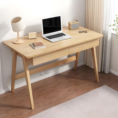 ZDFTGKM Schreibtisch aus Naturholz mit Untergestell und 2 Schubladen, modern, ohne Stühle, einfacher Studententisch, Computer-Schlafzimmer-Regal nicht im Lieferumfang enthalten, 80 x 50 x 76 cm (L x B von ZDFTGKM