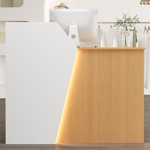 ZDFTGKM Schreibtisch für die Rezeption, Stehpult mit LED-Lichtern und abschließbaren Schubladen, umlaufendes Seitenteil, für Lobby, Naturfarben, 80 cm von ZDFTGKM