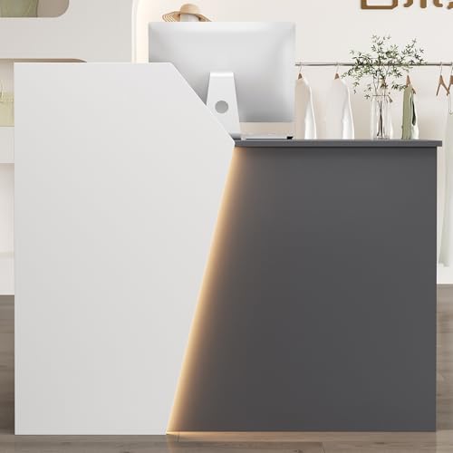 ZDFTGKM Schreibtisch für die Rezeption, Stehpult mit LED-Lichtern und abschließbaren Schubladen, umlaufendes Seitenteil, für Lobby (Grau, 100 cm) von ZDFTGKM