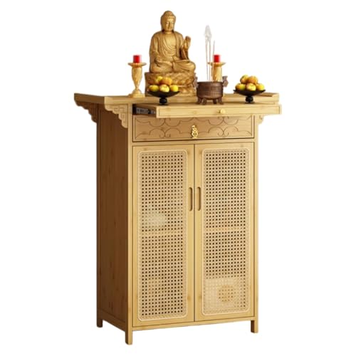 ZDFTGKM Vintage Schrein-Altartisch mit Aufbewahrung, Bambus-Buddha-Nischenschrank, chinesische Meditation, Kunststoff-Rattan-Schranktür (Holz, 80 cm) von ZDFTGKM
