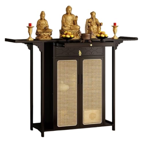 ZDFTGKM Vintage Schrein-Altartisch mit Aufbewahrung, Bambus-Buddha-Nischenschrank, chinesische Meditation, Kunststoff-Rattan-Schranktür (schwarzes Walnuss, 160 cm) von ZDFTGKM
