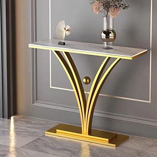 ZDFTGKM Zeitgenössische Stein Konsole Sofatisch Rechteckiges Metallende für Flur Veranda Wandschrank Kunst Stil Dekoration Lagerung goldene Basis weißes Blatt 55" L x 12" B 31" H von ZDFTGKM
