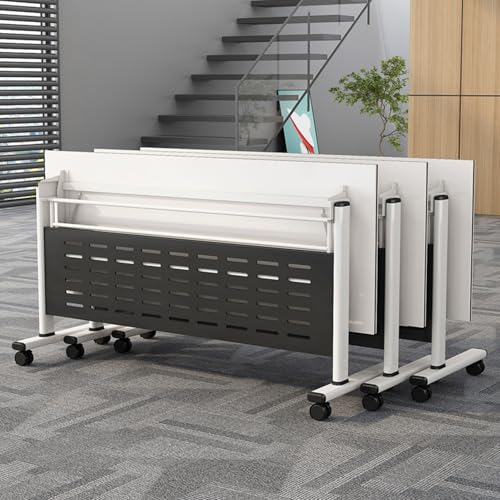 ZDFTGKM Zusammenklappbarer Konferenztisch, mobiler Raum, Klapptisch, Seminar, Meeting, rechteckiger Trainingstisch mit Lenkrollen, für Büro, Klassenzimmer (Weiß / Schwarz, 120 x 58 cm) von ZDFTGKM