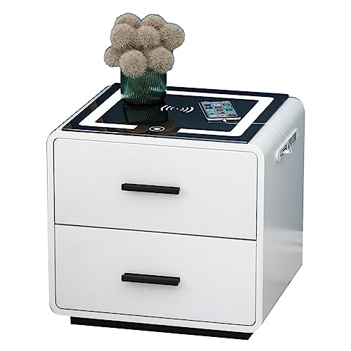 ZDJZMGZ Intelligenter Nachttisch, Nachttisch mit kabelloser Ladestation, USB-Anschluss, Smart-Tisch mit 2 Schubladen für Schlafzimmer (Farbe: Bianco, Größe: 45 cm) von ZDJZMGZ