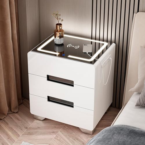 ZDJZMGZ Intelligenter Nachttisch mit Ladestation, LED-Nachttische mit Metallgriffen, moderner Nachttisch aus Holz, Kommode mit 2 Schubladen, für Schlafzimmer, Weiß (Farbe: 3, Größe: 50 x 40 cm) von ZDJZMGZ