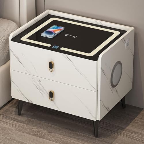 ZDJZMGZ Moderner LED-Nachttisch, Nachttisch mit Schublade, intelligenter Nachttisch mit Ladestation und USB-Anschlüssen, Nachttisch mit Stauraum, Nachttische (Farbe: Weiß, Größe: zwei Schubladen) von ZDJZMGZ
