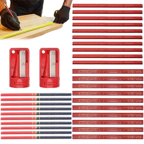 ZDL Zimmermannsbleistifte,32pcs Rot Bleistift Baustelle,Baubleistifte,Zimmermann Baustift,Tischler Bleistifte Set,Bleistiftanspitzer für Handwerker Werkstatt Schreiner von ZDL